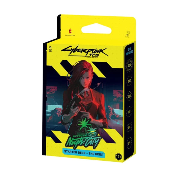 Cyberpunk TCG Welcome to Night City The Heist Starter Deck Englisch mit 40 Spielkarten, 3 Legend-Karten, 6 Würfeln und den Charakteren V, Jackie Welles und Viktor Vektor