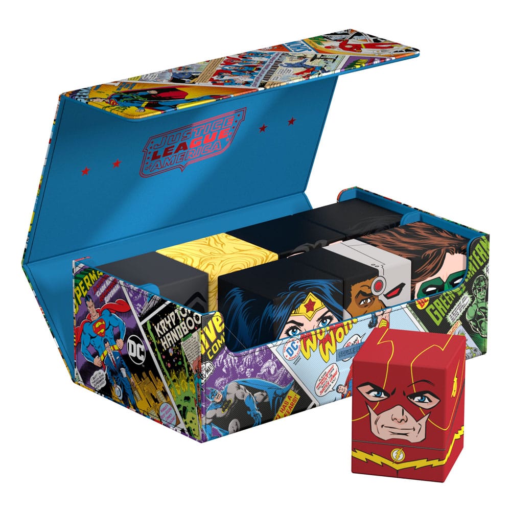 Squaroes Collectors Case „Vintage Comics“ – DC Justice League Edition. Hochwertige Kartenbox mit Xenoskin-Material & ZnapClaw-Magnetverschluss.