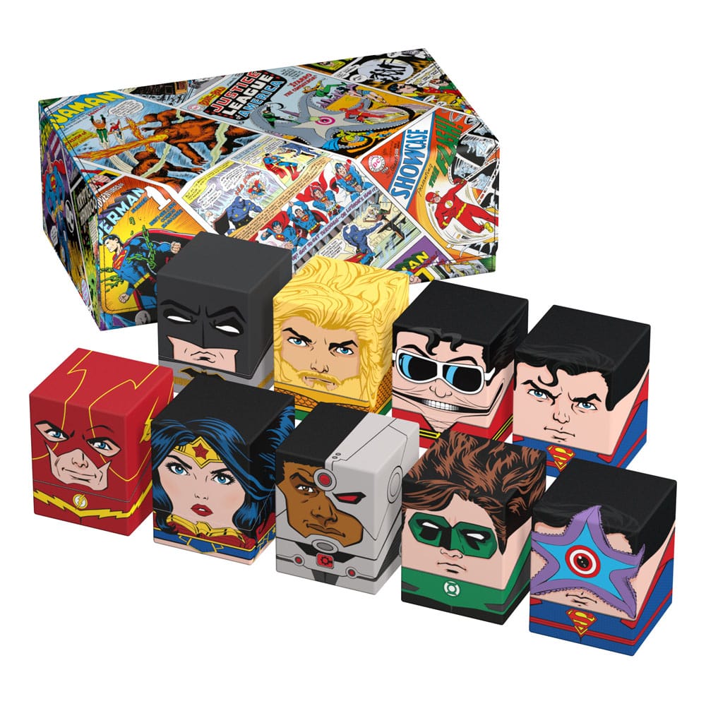 Squaroes Collectors Case „Vintage Comics“ – DC Justice League Edition. Hochwertige Kartenbox mit Xenoskin-Material & ZnapClaw-Magnetverschluss.
